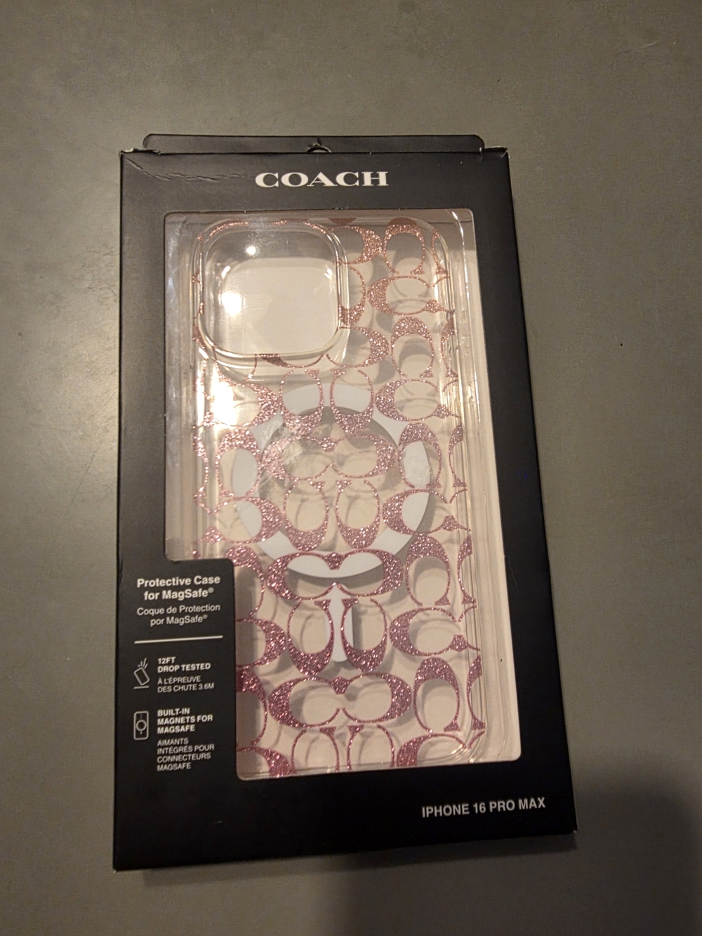 COACH Pink Glitter Signature Clear Case for iPhone 16 Pro Max